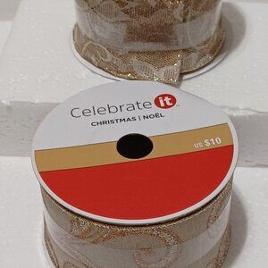 Celebrate It Christmas Noel Wired Ribbon 2 Pk 2.5" X 25 FT Gold Silver Lace New